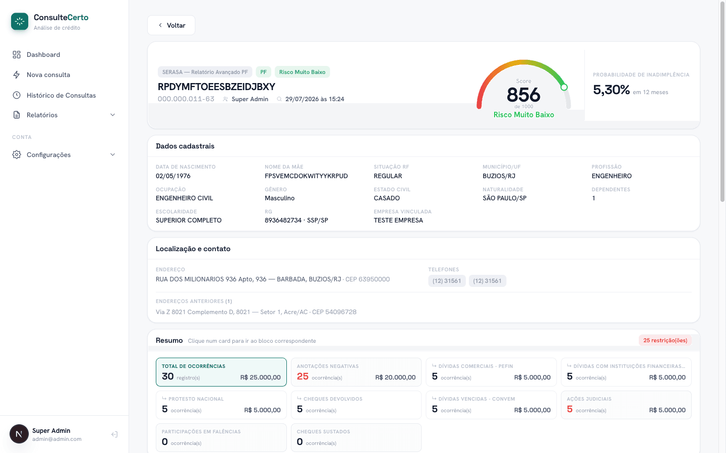 Tela de resultado de consulta do Consulte Certo, mostrando score de crédito e detalhamento do relatório